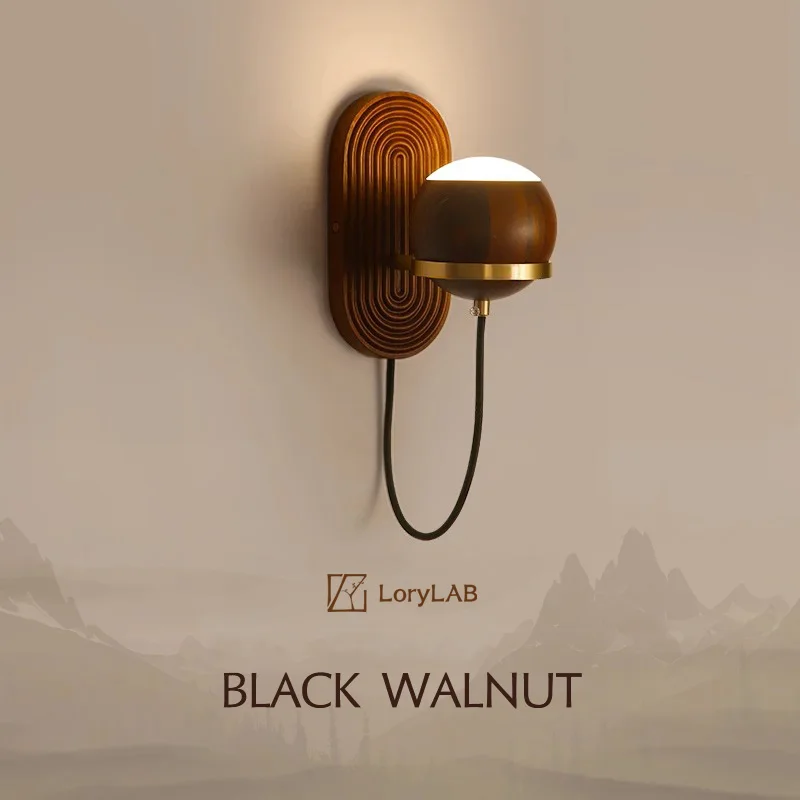 

Walnut Wood Circular Sphere, Wabi-sabi minimalist Modern style, Wall Sconce light for Bedroom, Bedside, Living, Dining Room