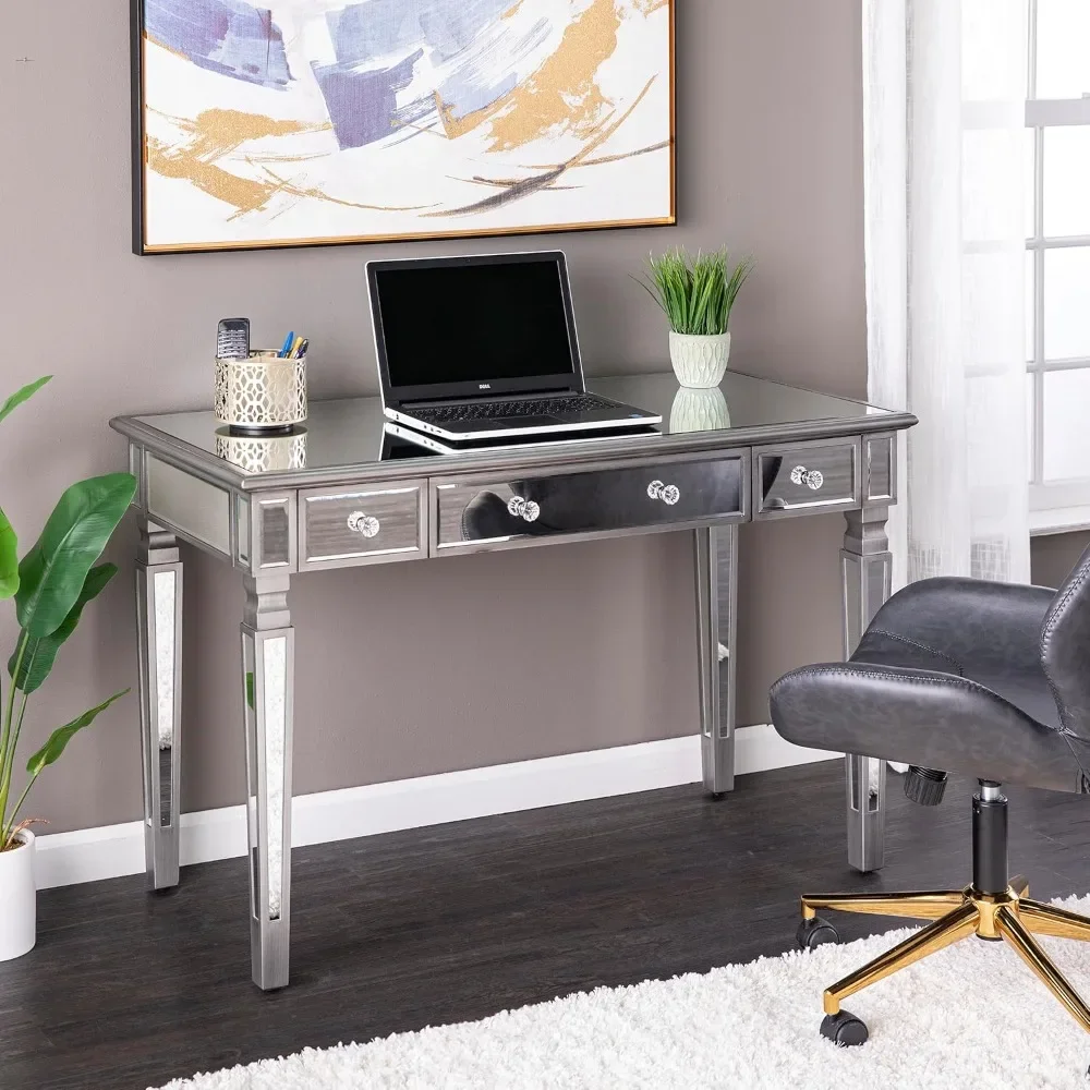 

Writing Desk with Ample Storage, Locking Keyboard Tray, Crystal Embellished Knob, Mirrored Workstation and Vanity, Computer Desk