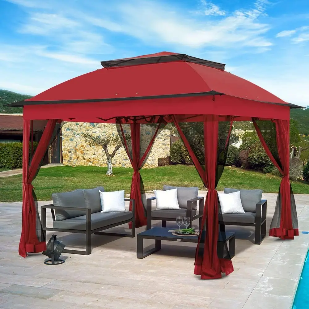 

Красная уличная беседка 11x11 футов с сетчатыми стенами для патио, газона и террасы