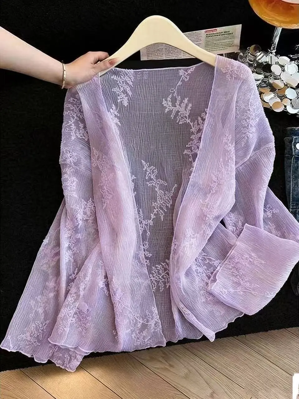 

White Embroidered Thin Chiffon Open Cardigan Women's Summer Korean Style Outerwear Sun Protection Shawl Top Loose Fit Long Sl...
