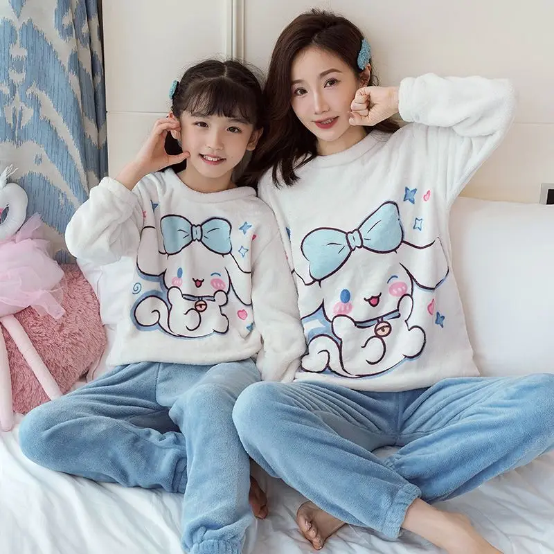 Sanrios Cinnamoroll Anime Kuromi Pyjama pour femme, mignon, parent-enfant, lieux épais, sourire, adulte, enfants, vêtements de salon, hiver