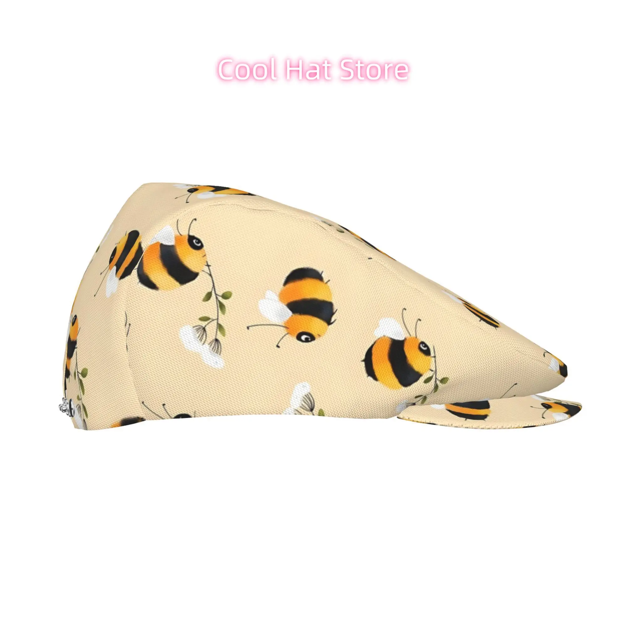 Cartoon Bee with Beige Background Men Beret Hat Polyester Adjustable Newsboy Hats Cabbie Gatsby Cap Driving Flat Caps Women Cabb