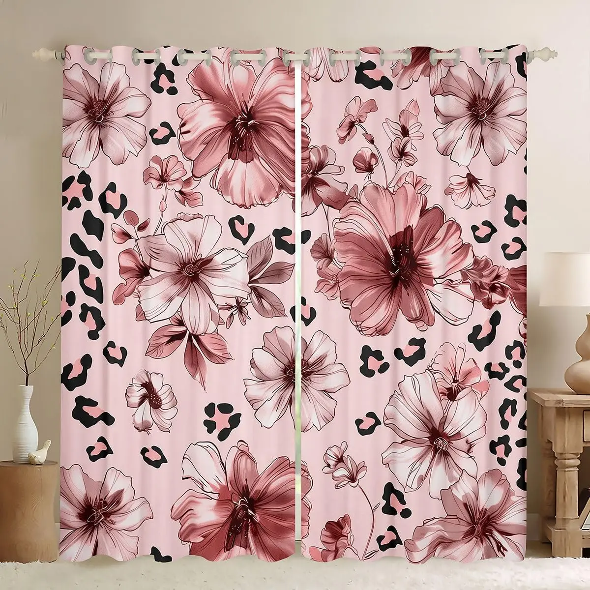 Aesthetic Pink Floral Leopard Print Curtains Blush Watercolor Flower Pattern Curtain Panels Boho Jungle Style Window Curtains Ho