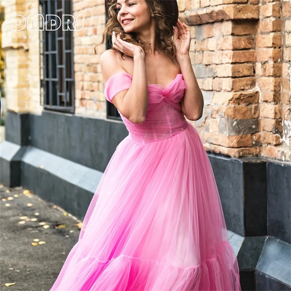 Sweet Hot Pink Tulle Formal Dress For Women Off Shoulder Sweetheart Maxi Long Evening Dress Photo Shoot Women's Party Gown