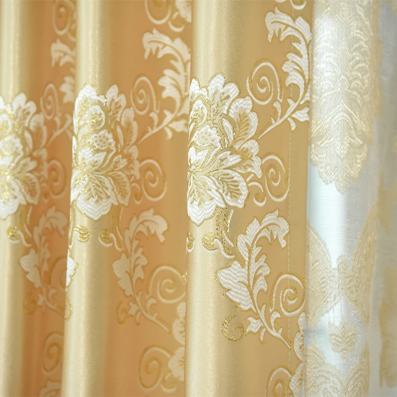 European Simple Modern Style Curtains for Living Room Bedroom Gold Jacquard Curtains Floating Window High Shading Curtain Custom