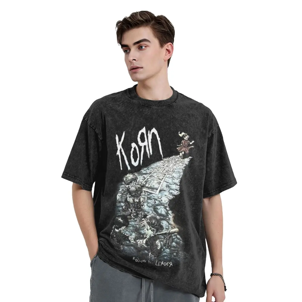 Rock Band Korn Washed T Shirt Streetwear Vintage T-Shirts Ftl 25 Follow The Leader Tee Shirt Men Women Short Sleeve Printed