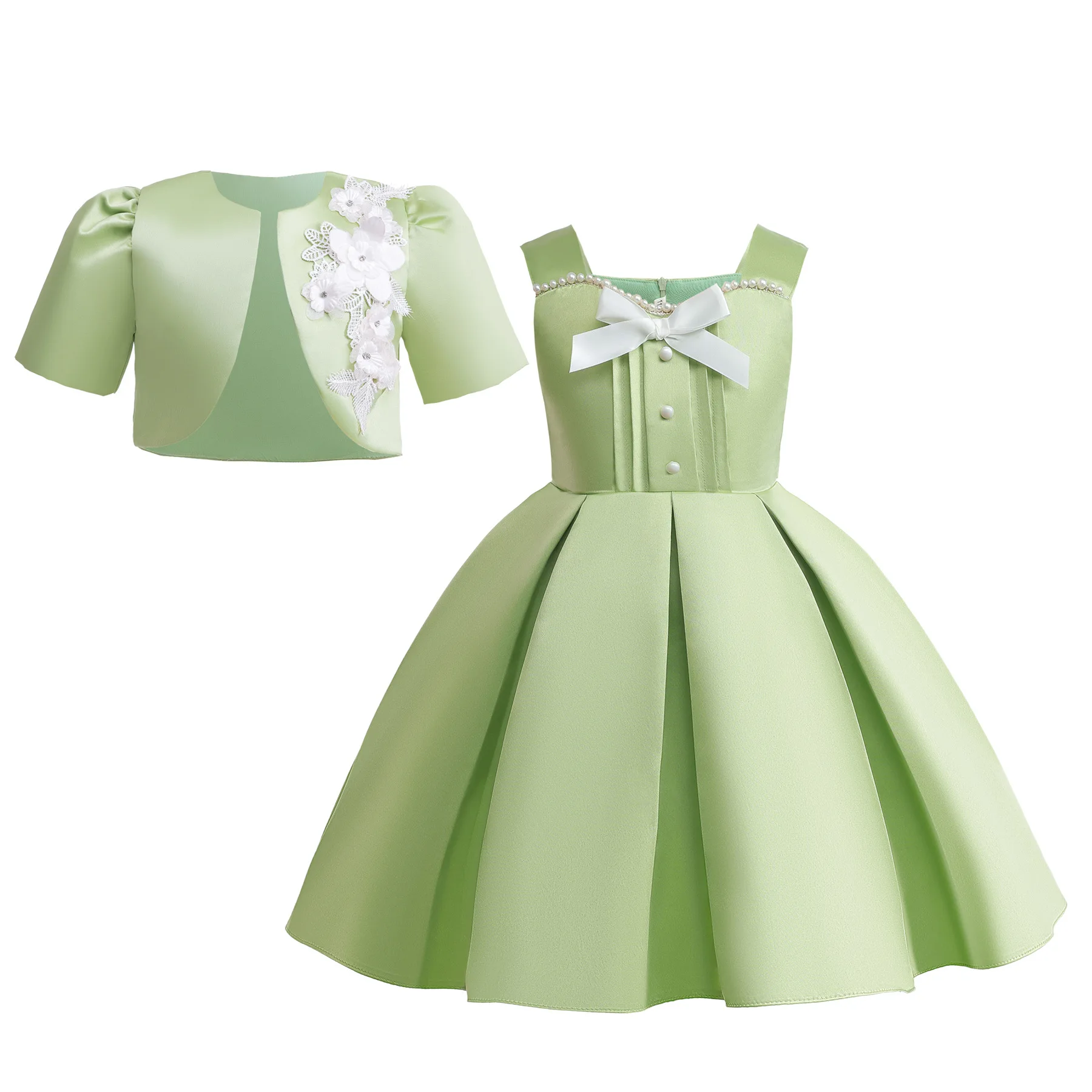 New Girls Dress Summer Sleeveless Princess Dress + Matcha Green Short Jacket 2Pcs Piano Performance Gown 2-10 Years Kids Clothes