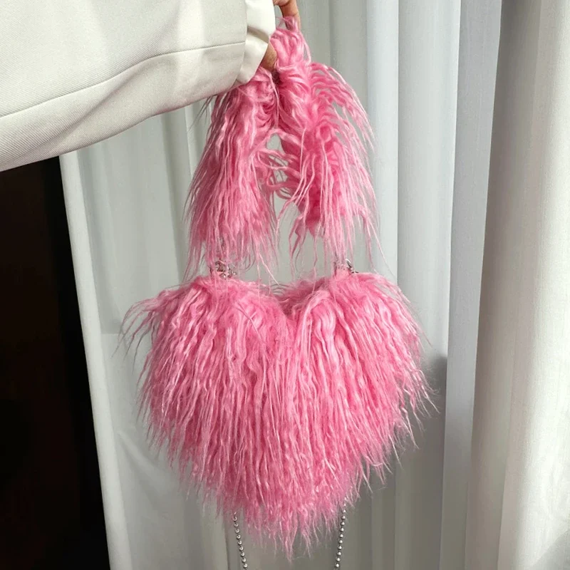 Heart-shaped Women\'s Plush Crossbody Bags Sweet Love Faux Fur Female Shoulder Bag Soft Fluffy Tote Handbags Girls Underarm Bag