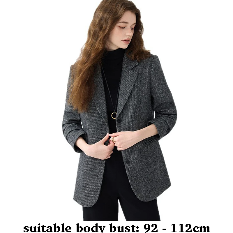 

High quality woolen blazer for women long sleeve jacket notched collar autumn winter 2025 elegant office clothes grey brown