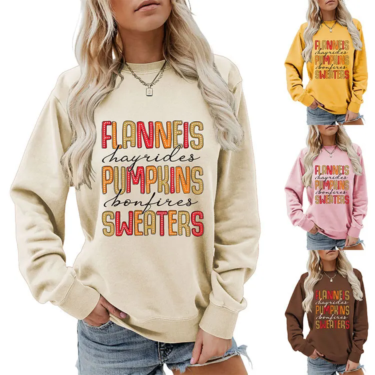 The new fall Flanneis Hayrides Pumpkins round-necked casual sweater printed loose-fitting long-sleeved stylish blouse all-in-one