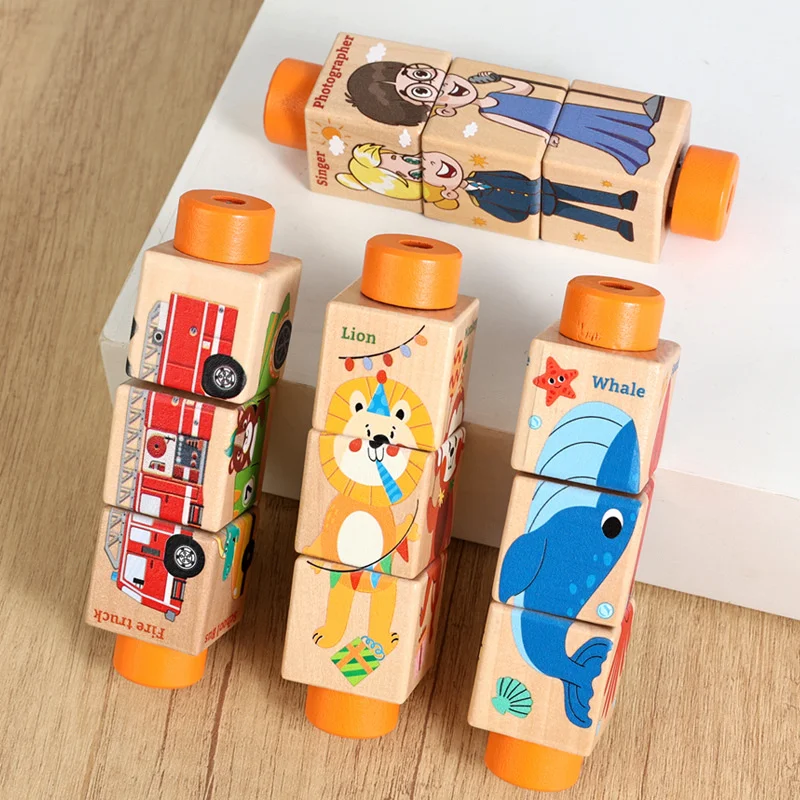 

Wooden Puzzles Rotating Blocks Educational Toy for Baby Cartoon Animal Traffic Enlighten Cognitive Montessori Puzzle Toys Gifts3