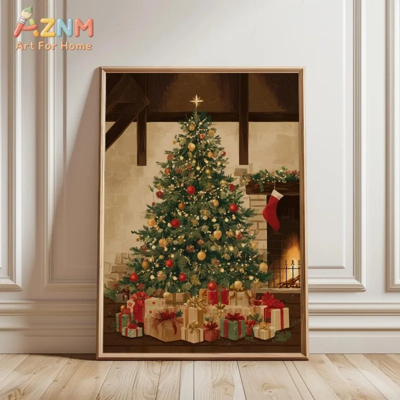 Cozy Christmas Tree Fireplace Canvas Wall Art Xmas Gifts Stocking Warm Festive Winter Holiday Wall Print Unframed Canvas Poster
