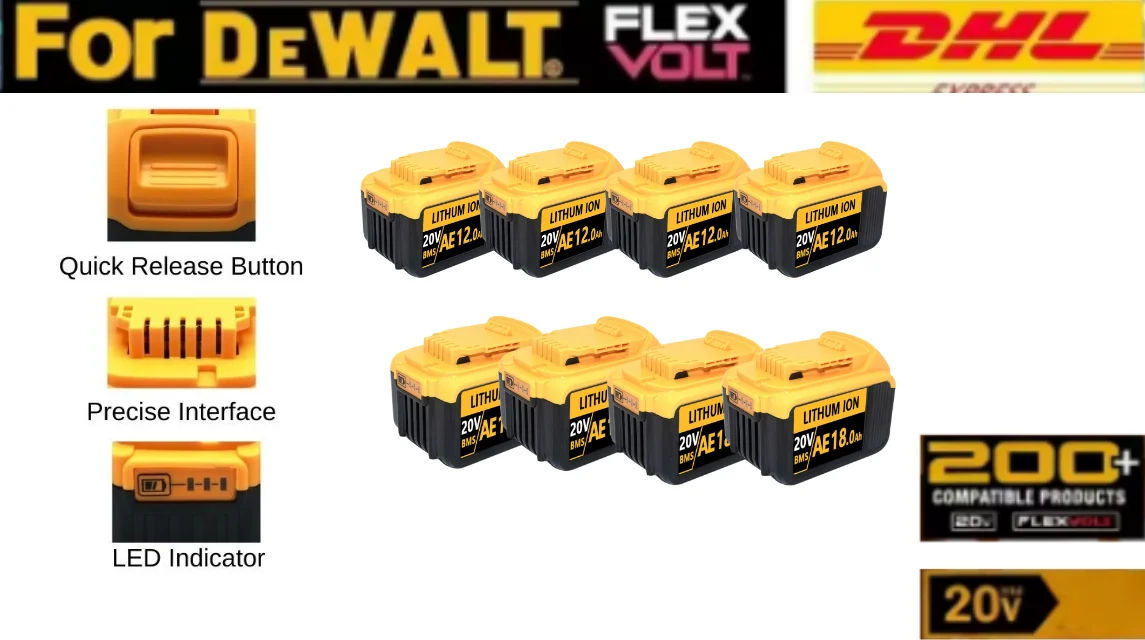 Zestaw akumulatorów do akumulatorów litowo-jonowych Dewalt 20V o pojemności od 8Ah do 18Ah i 18Ah