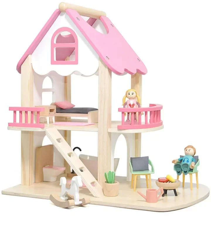 36cm High Quality Wooden pink villa European princess doll room house Play house Puzzle Interactive Toys baby birthday gift