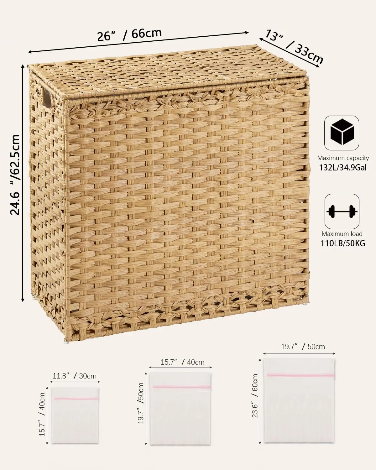 132L Wicker Laundry Hamper with Lid, Handles & Removable Liner Bags, Natural Rattan Basket for Bedroom