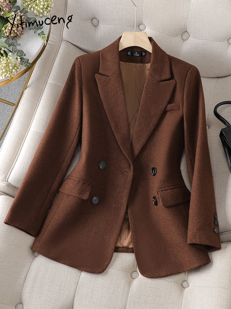 Yitimuceng Double Breasted Blazer for Women 2023 New Long Sleeve Solid Casual Jackets Office Ladies Korean Fashion Slim Coats