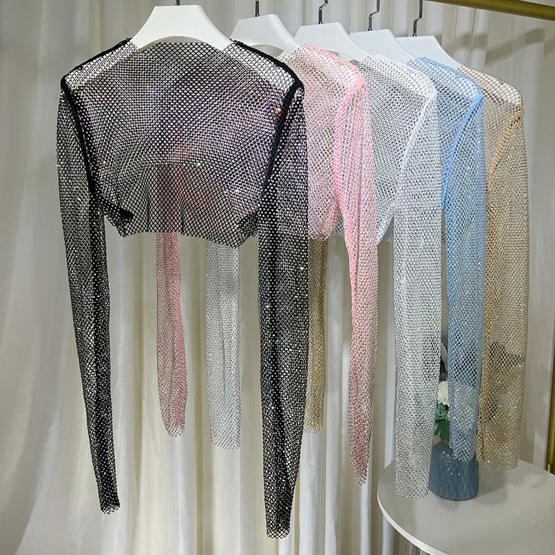 Women Rhinestone Crystal Crop Tops Net Sheer Shiny Glitter Blouse T Shirt Shawls Shrug See Through Fishnet Cover Up Clubwear