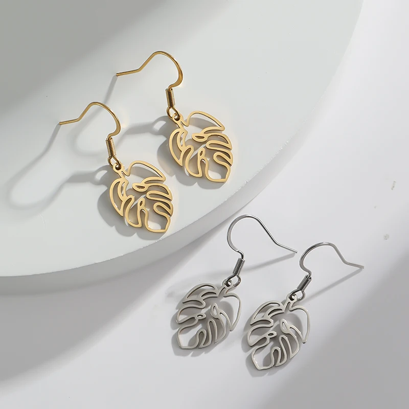 New In Monstera Leaf Pendientes Dangle Earrings For Women Girl Plant Stainless Steel Golden Pendant Charm Piercing Drop Jewelry