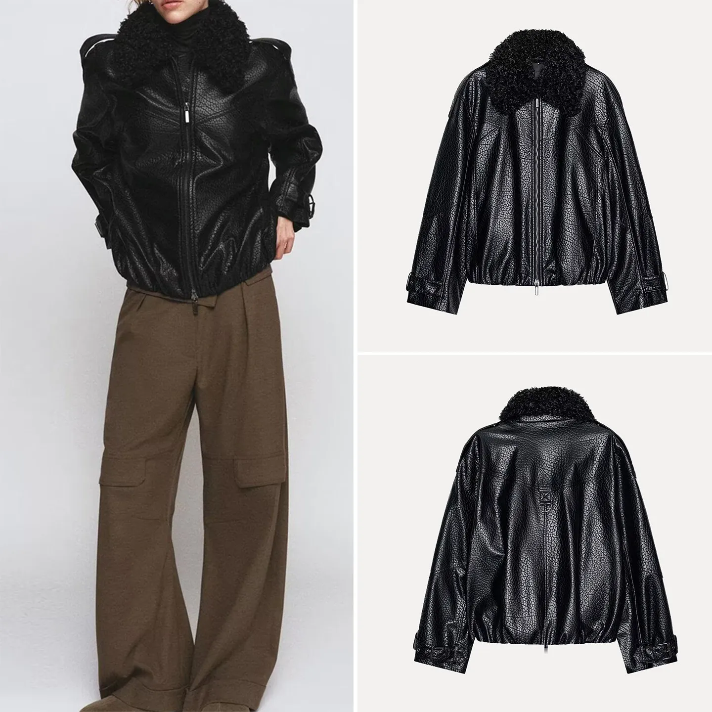 

Women's Pilot Sle Long Sve Jaet Coat Spring 2026 Casual Faion Fur Collar Zipper Closure Stand Fit ort Outerwear