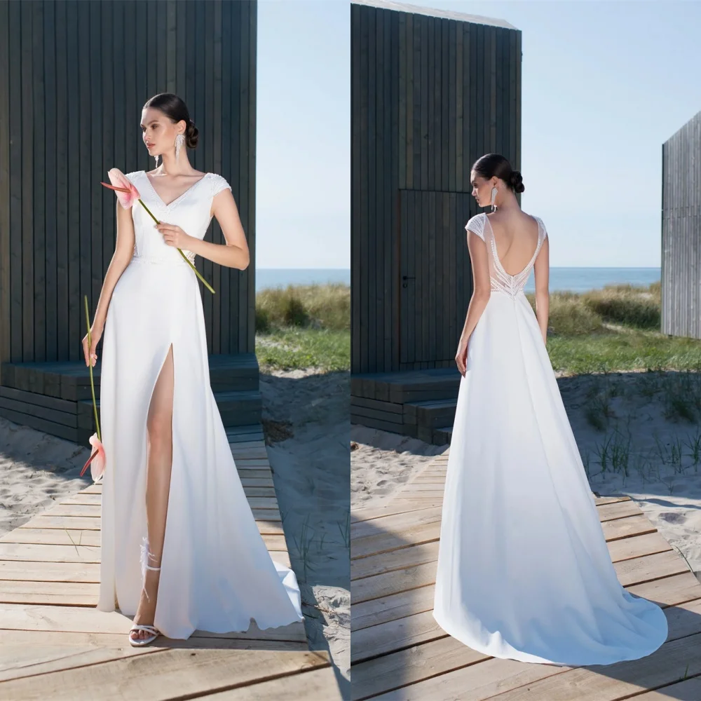 

Customized High Quality White Satin Wedding Dress Temperament V-Neck Short Sleeves Chapel Train Zipper Back Bridal Gowns