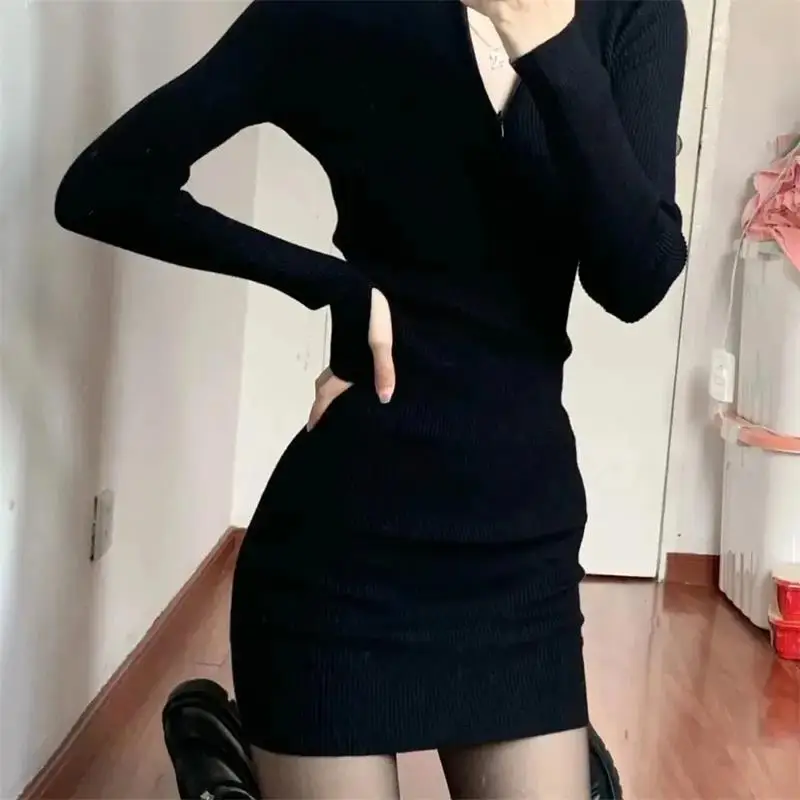 Abiti a maniche lunghe per le donne nero Sexy Club Bodycon Mini abito Y2k a vita alta signore coreano abito corto Basic autunno inverno