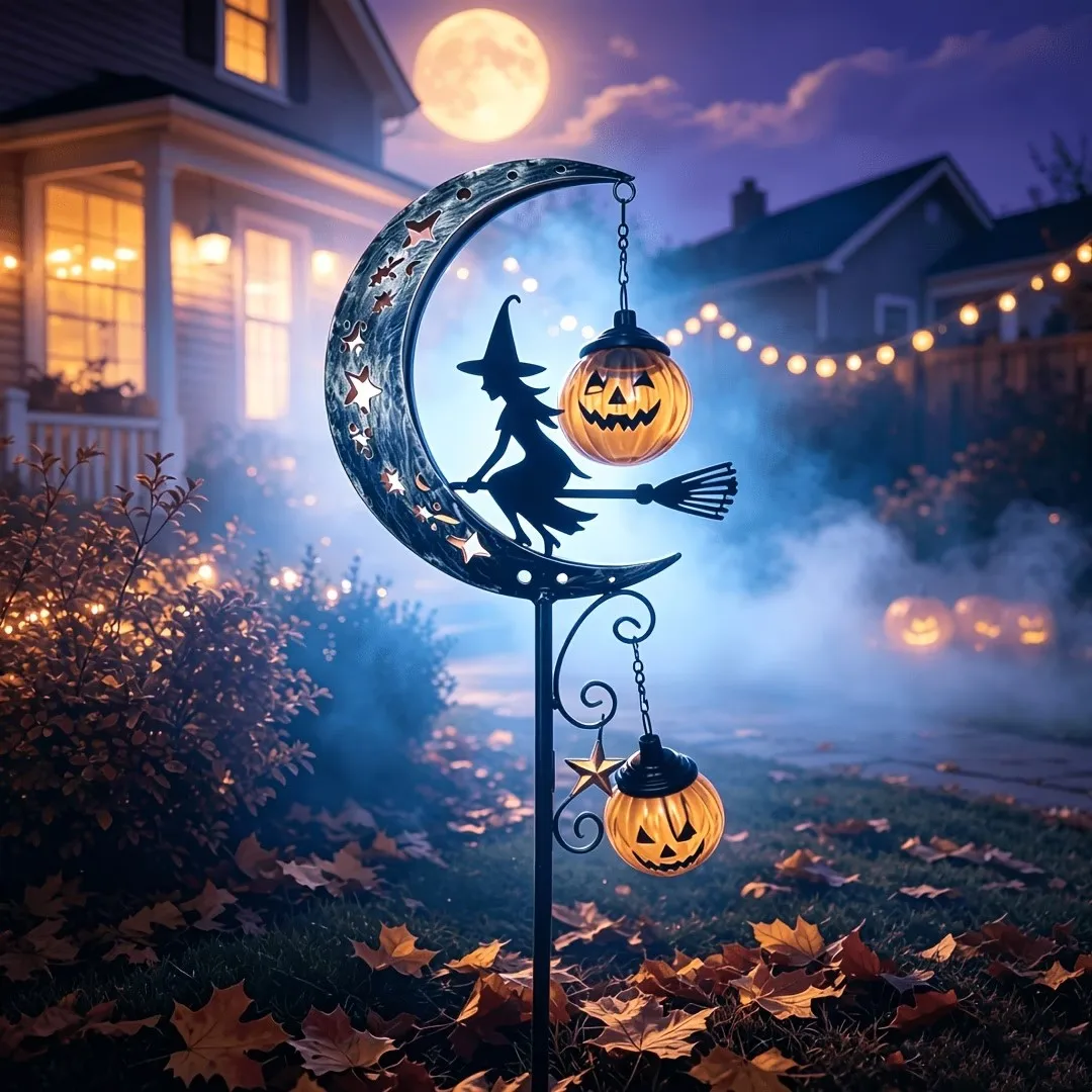 Halloween Witch and Pumpkin Garden Stake, Moon Witch and Hanging Pumpkin (No Light, Non-Illuminating)