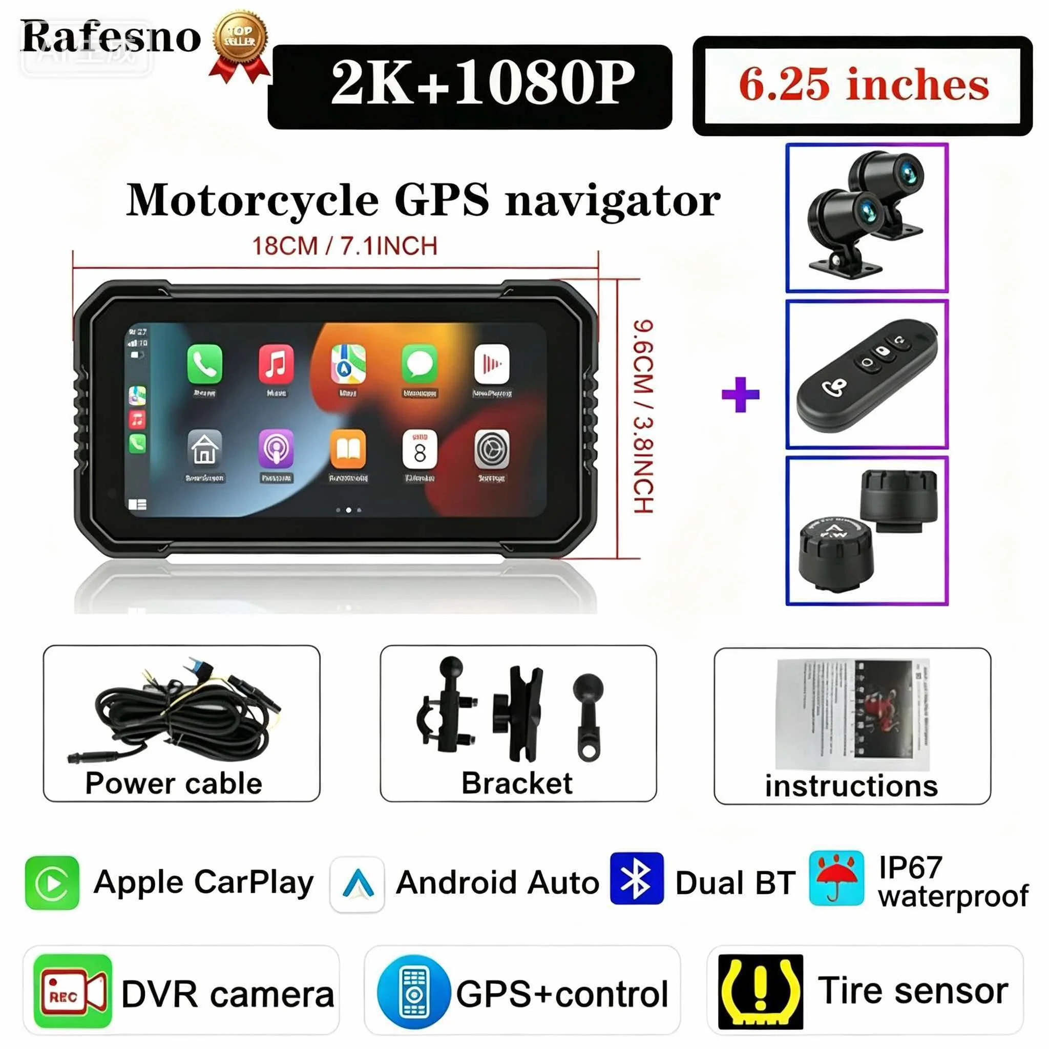 

Rafesno 6.25 inch IP67 Waterproof Motorcycle 4K DVR GPS Navigation Wireless Carplay Android Auto Moto Recorder Monitor