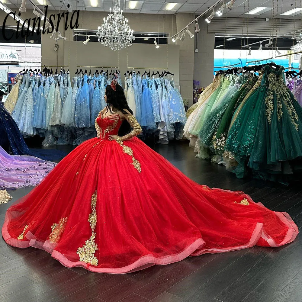 فستان Quinceanera أحمر رائع ، ثوب الكرة مزين بالذهب ، حفلة عيد ميلاد الأميرة ، الحلو 16 ، 15