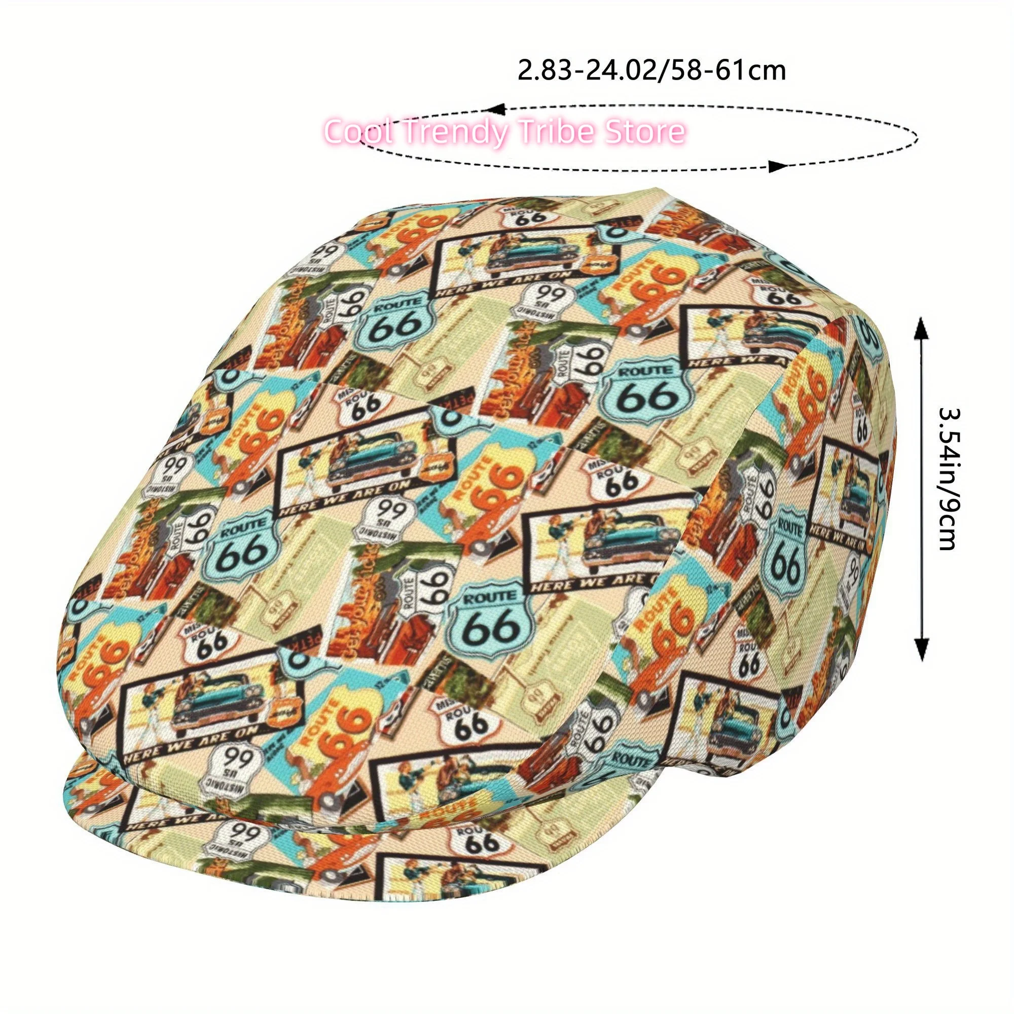 1pc Route 66 Vintage  SignsAmericana Full-face Printed Beret British Casual Hat Unisex  Forward Hat  and Versatile for Casual an