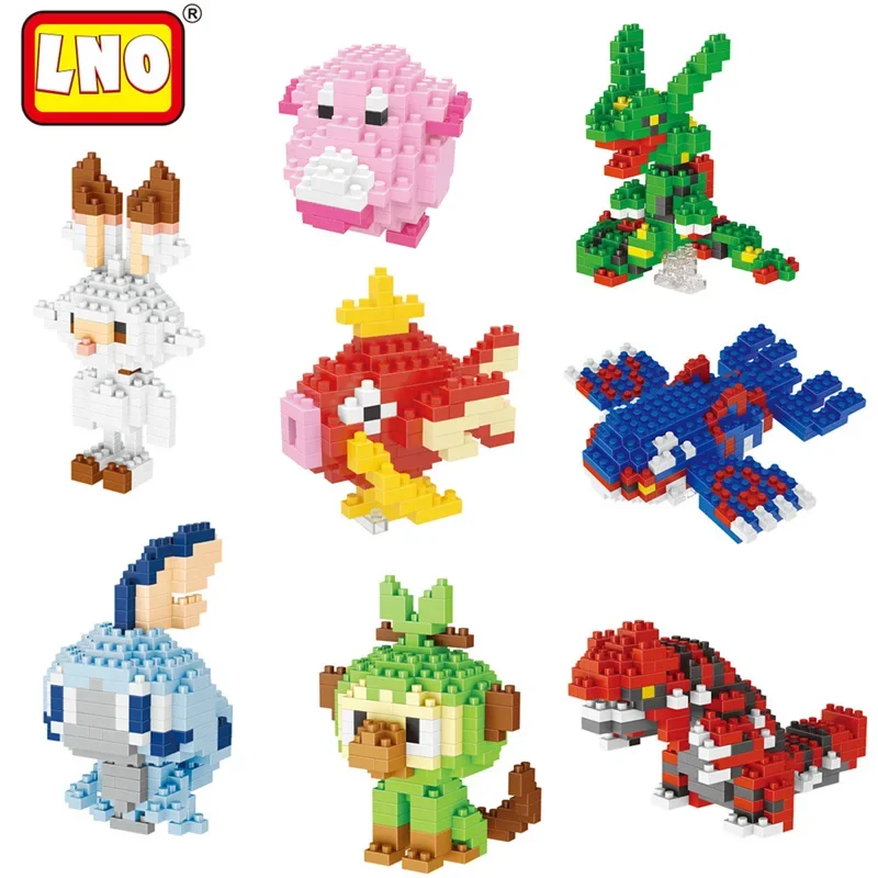 LNO Pokemon Micro Building Blocks DIY Assembly 3D Model Kyogre Rayquaza Groudon Grookey Mini Brick Figures Toys For Kids