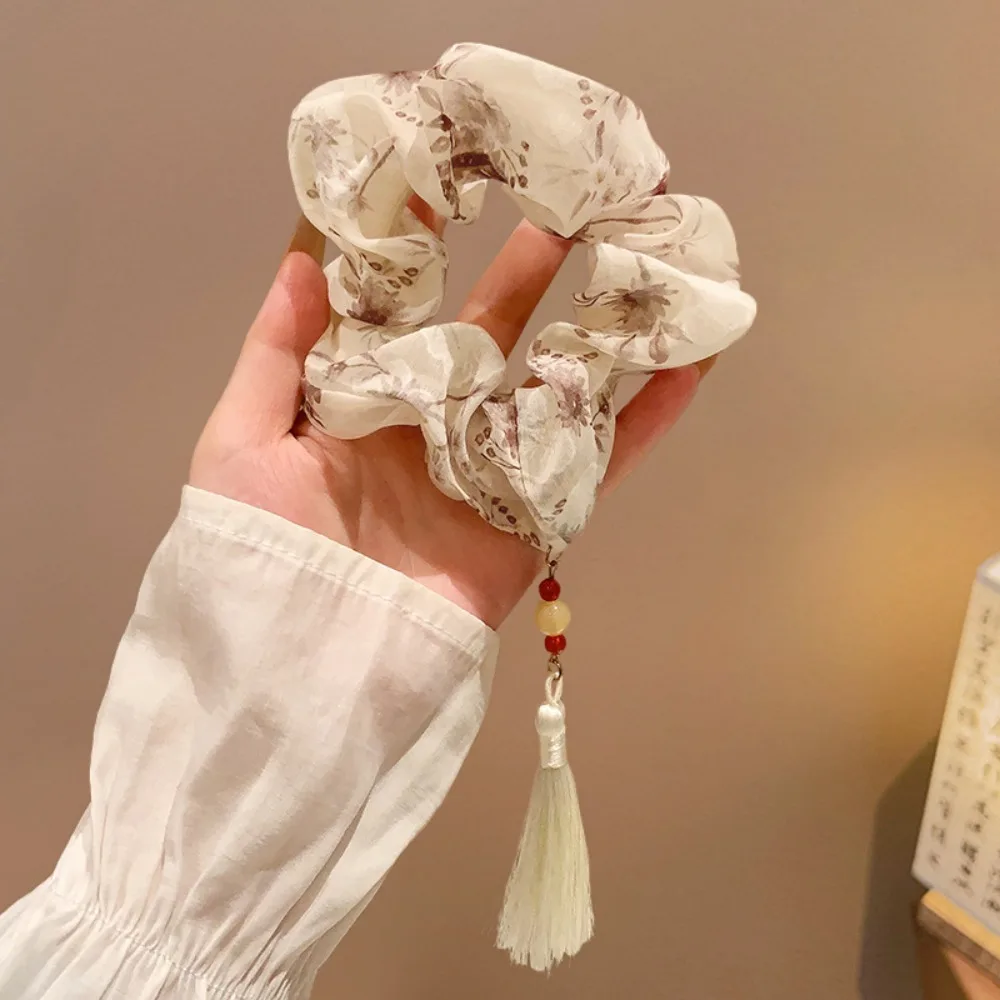 

New Chinese Style Printed Hair Tie Cloth Retro Ponytail Holder Large Intestine Hair Ring Hair Rope Tassels Elastic Hair Band