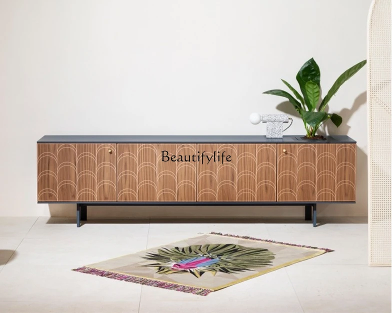 

44Italian Minimalist TV Cabinet Light Luxury Solid Wood Stainless Steel Modern Floor Cabinet Small Apartment