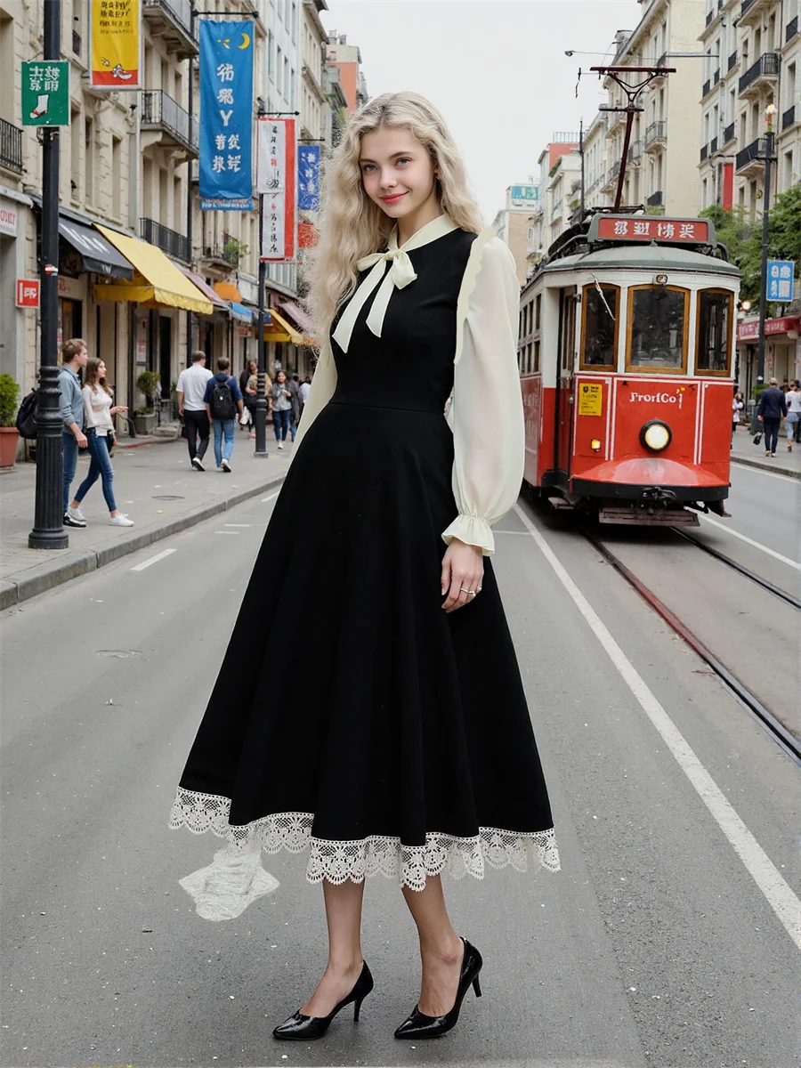Vestidos de mujer negro Línea A Patchwork otoño primavera patrón una línea cintura imperio solapa hueca ropa de trabajo tela corsé elegante