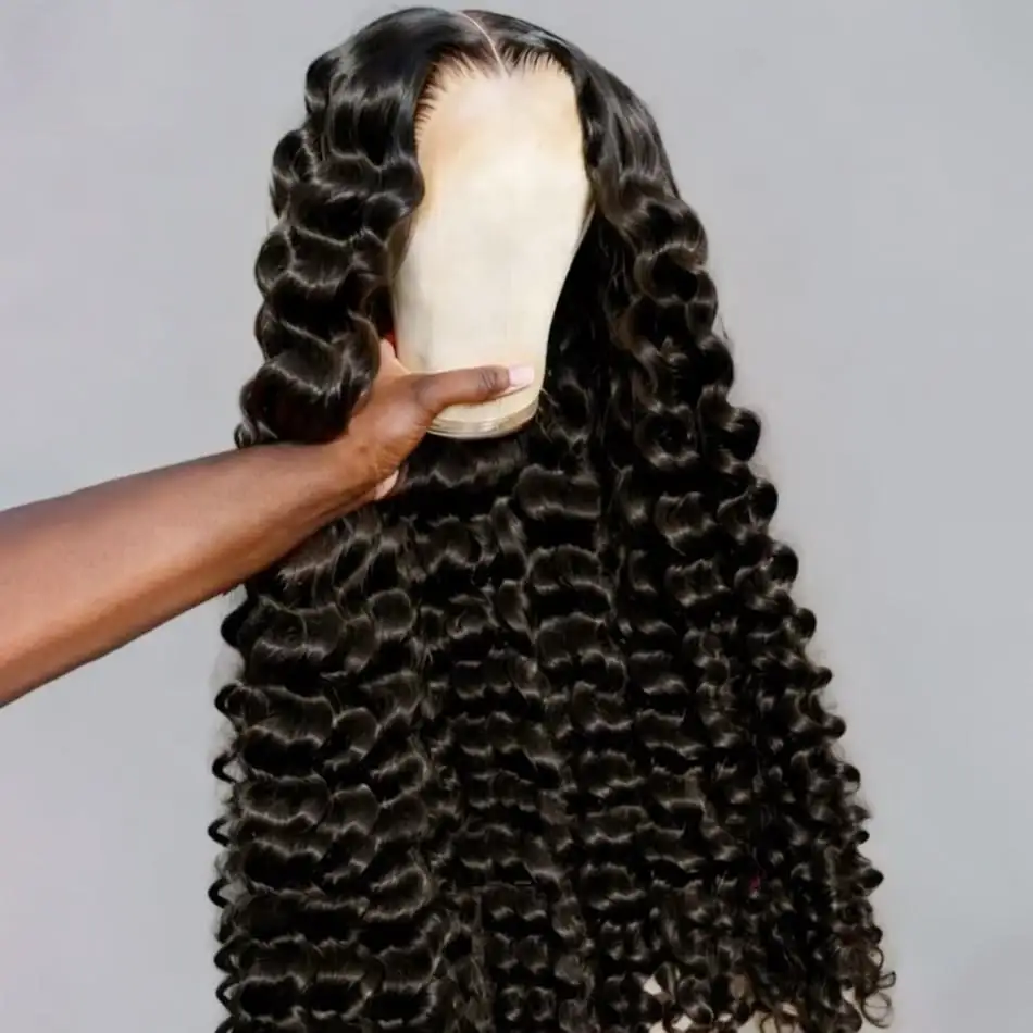 Natural Black 250 Density Loose Deep Wave 13x6 Lace Front Human Hair Wigs Brazilian 30 40 Inches Curly Water Wave HD 13x4 Lace Frontal Wig view 3