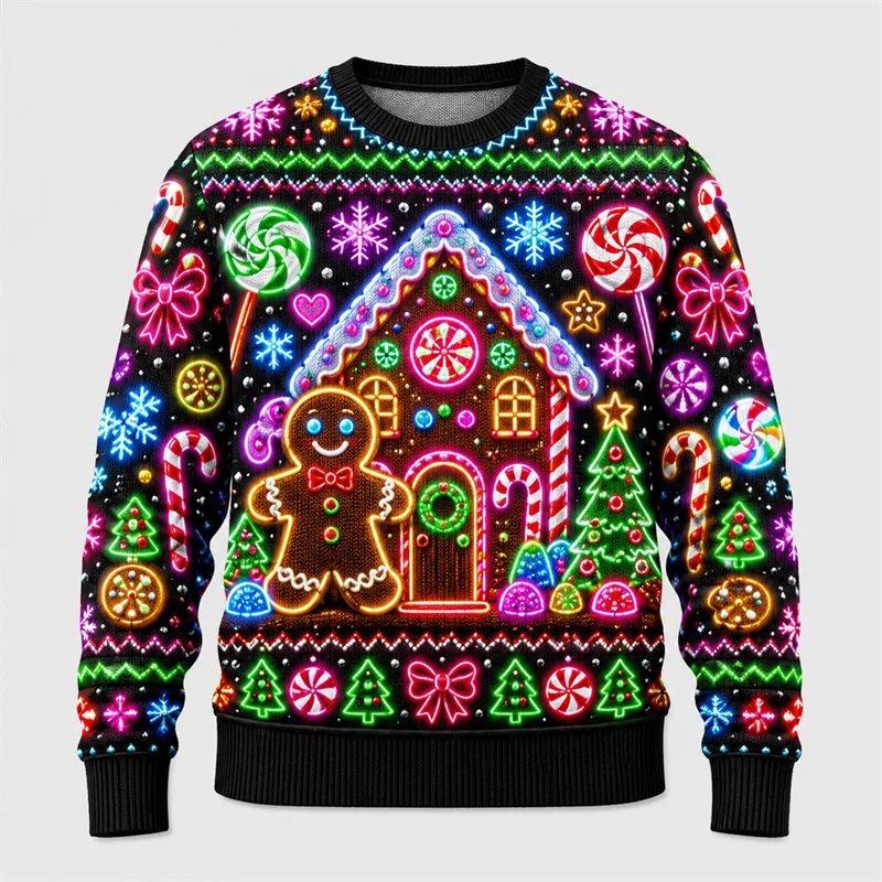 Image of Neonlicht-Print Hässlicher Weihnachtspullover für Männer, Modischer Urlaubs-Langarm-Pullover für die Wiedervereinungsparty, Lässige Oversized-Sweatshirts