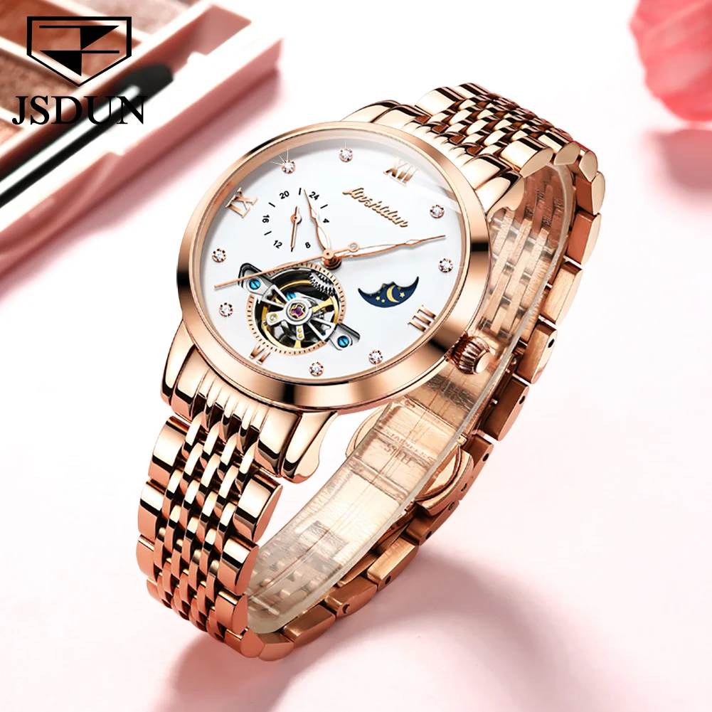 JSDUN Original Lady Automatic Mechanical Wrist Watch Waterproof Moon Phase Fashion Women Watches High Quality Watch for Women