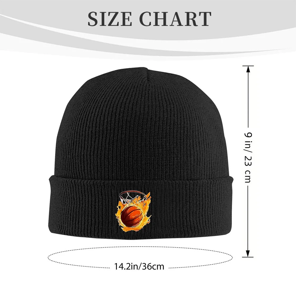 Basketball with Flames Hoop Knit Beanie, Stretchy Warm Daily Knitted Hat for Men and Women