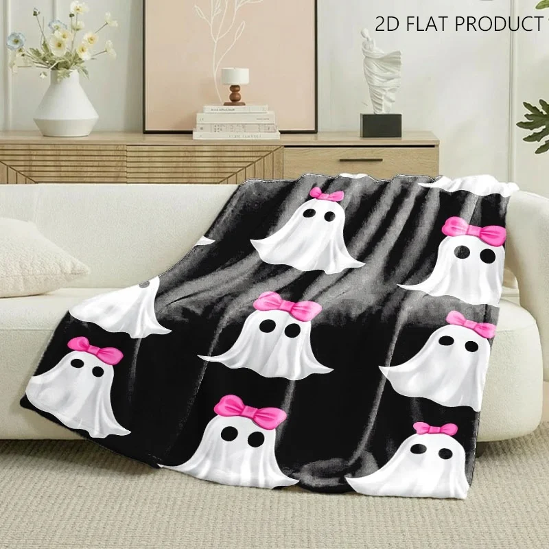 Pink Bow Ghost Halloween Throw Blanket, Cute White Ghost With Bow Repeating Print Soft Warm Flannel Sofa Bed Blanket