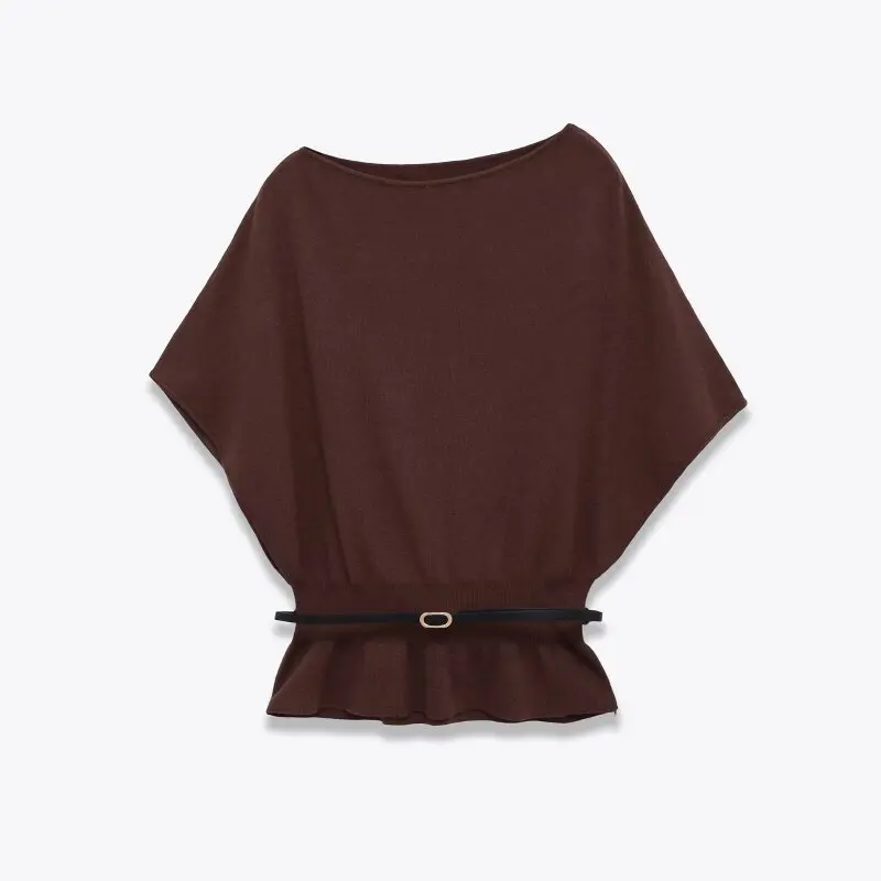 

Women’s Belted Layered Decor Pullover Short Sleeve Knit Top Casual Summer Fashion Top