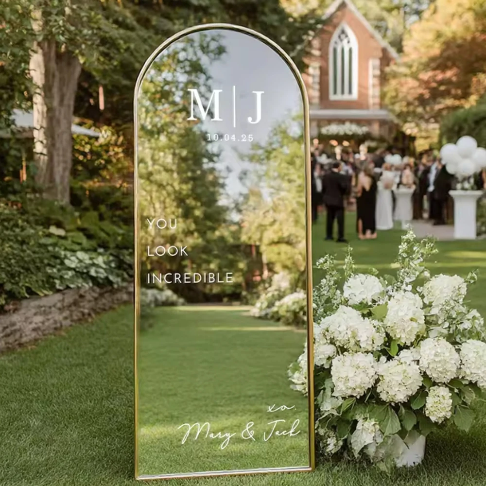Vinilo Decorativo con Espejo Estilo Francés para Boda, Adhesivo Personalizado con Iniciales y Nombre, Letrero de Bienvenida para Boda, Murales de Vinilo, Decoración Romántica para Matrimonio
