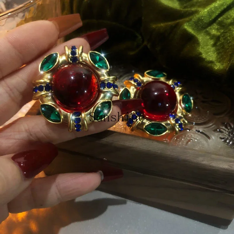 

Exaggerated court French ruby glazed retro earrings women's high-end large earrings