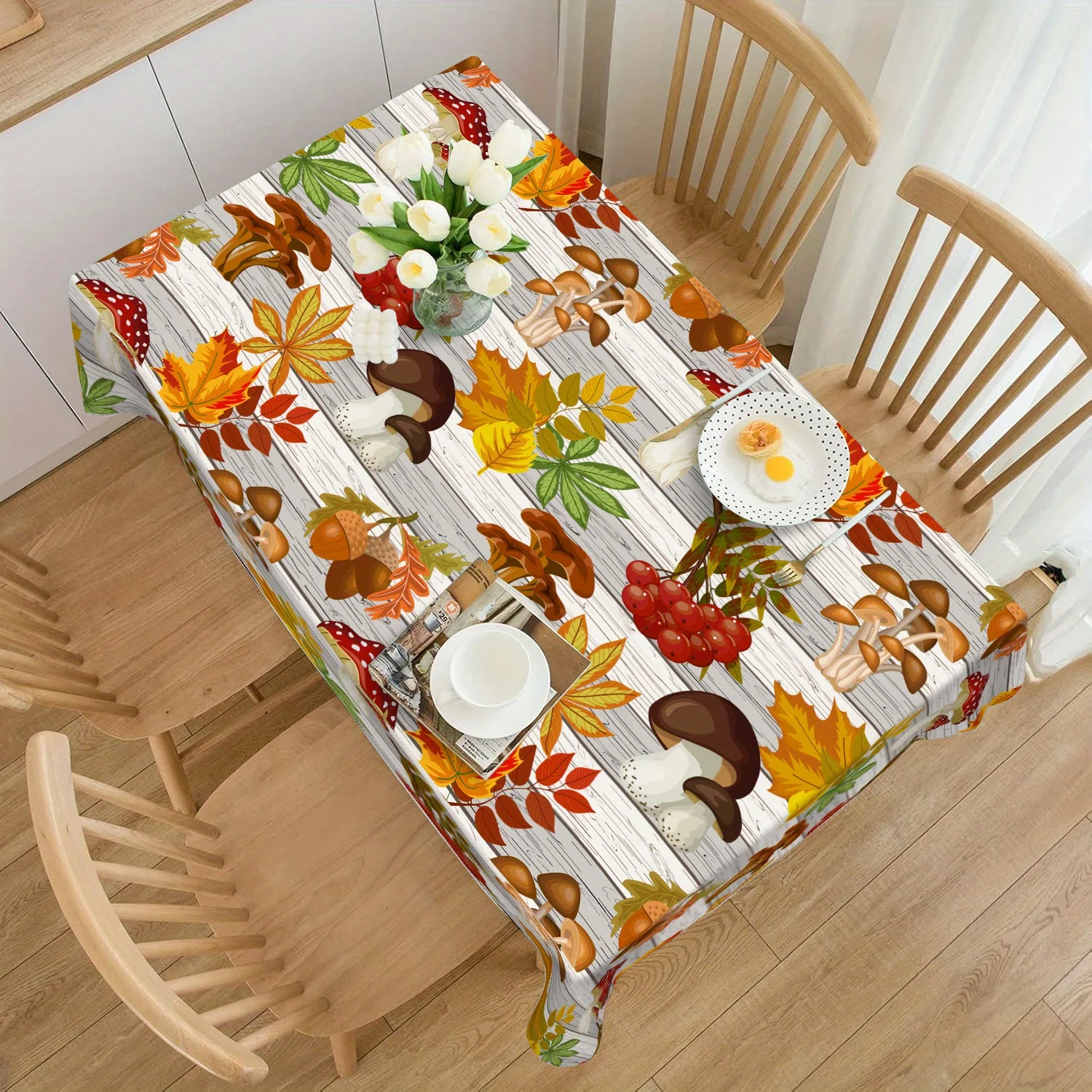 One polyester tablecloth featuring wood grain and mushroom patterns with Thanksgiving theme