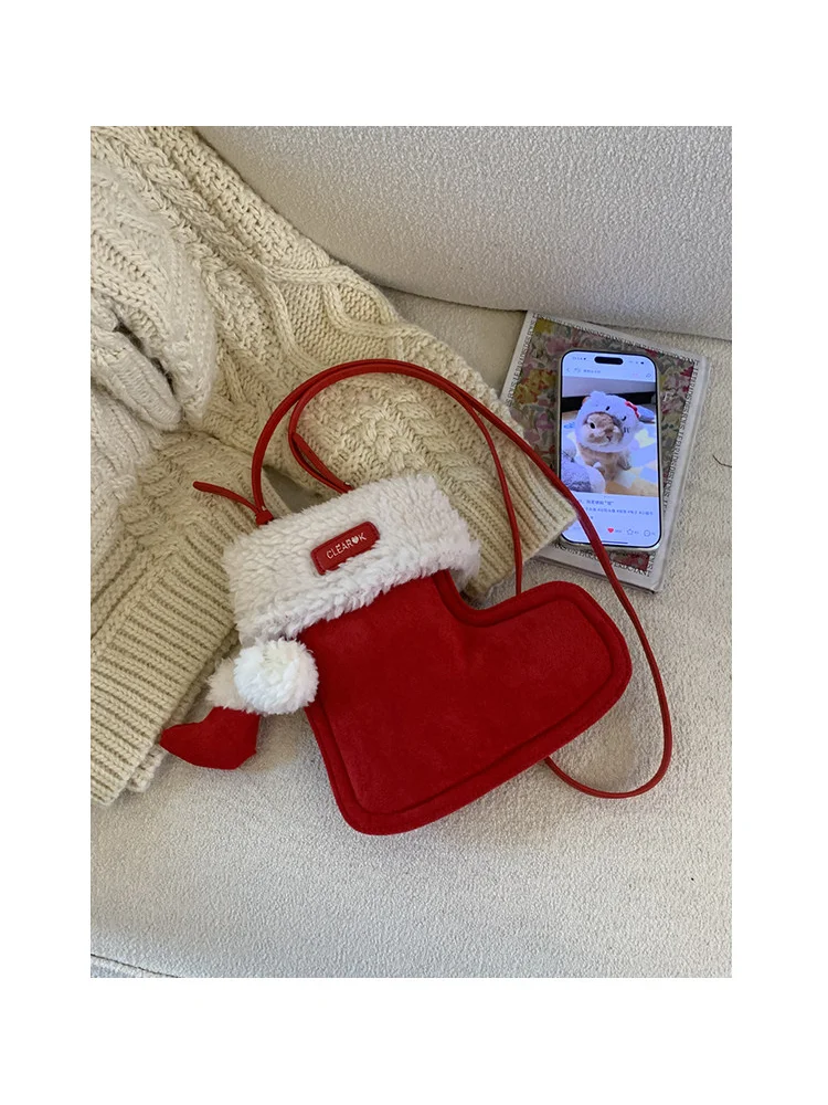 Kawaii Sweet Christmas Girls Red Socks Plush Bag Fashion Minimalist Cute Boots Soft Casual Fairy Tale Women Shoulder Bag - view 6