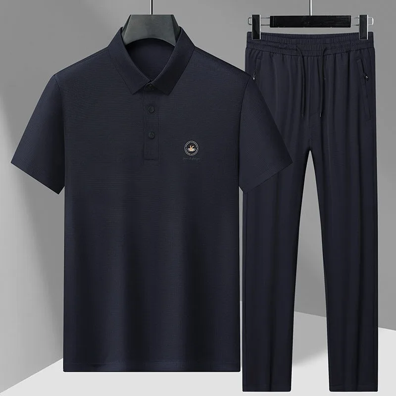 

2025 Summer Ice Silk 2 Piece Set Polos Sets for Men Business Casual POLO Shirts+pants Comfortable Breathable Lapel Tees Set