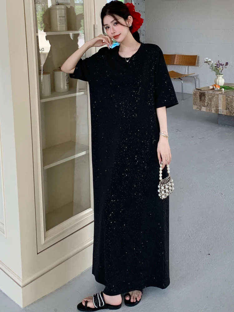 NYFS 2025 فستان صيفي نسائي على الطراز الكوري فضفاض مقاس كبير بأكمام قصيرة فستان طويل رداء Elbise