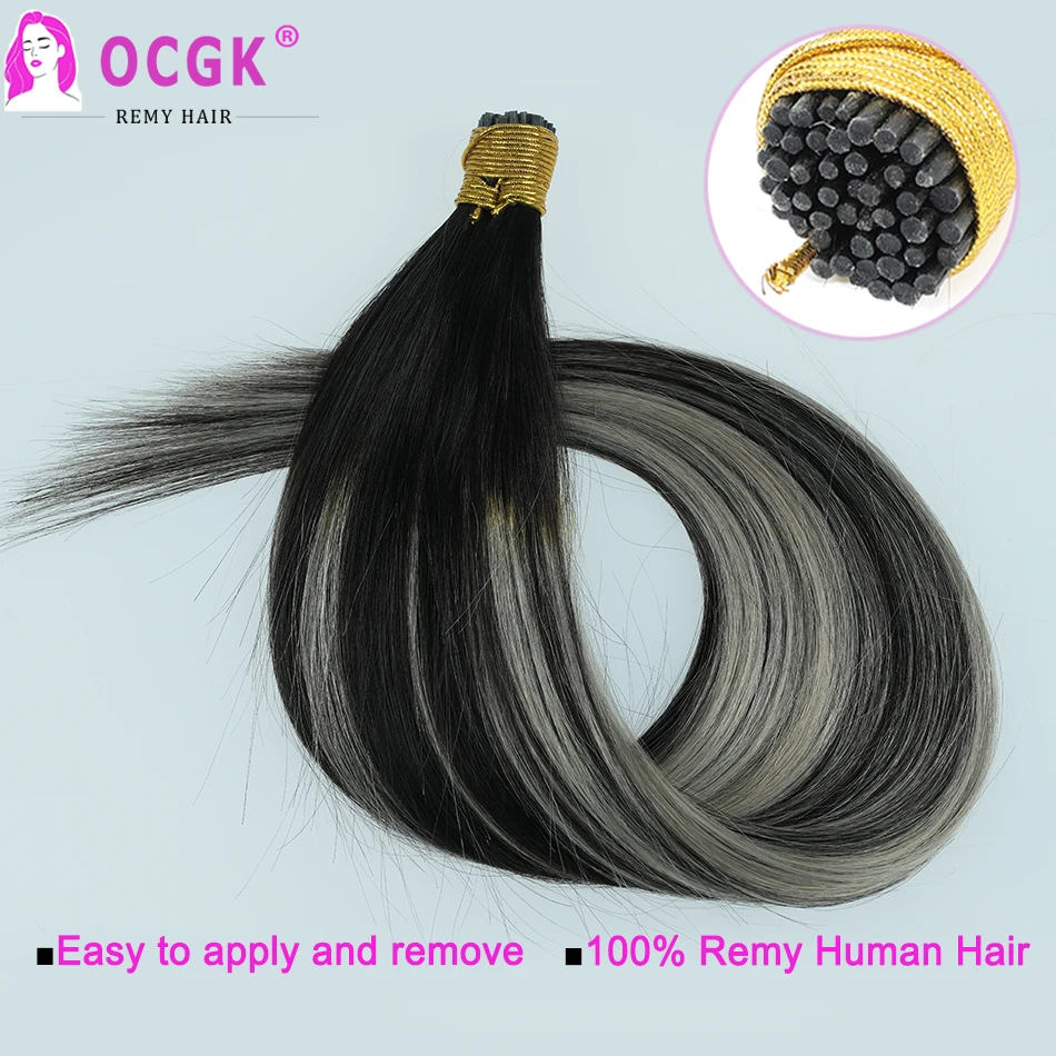 Straight I Tip Hair Extensions Human Hair Natural Black Highlighted Grey Remy Hair Extensions Human Hair I Tip 1g/pc T1B Grey