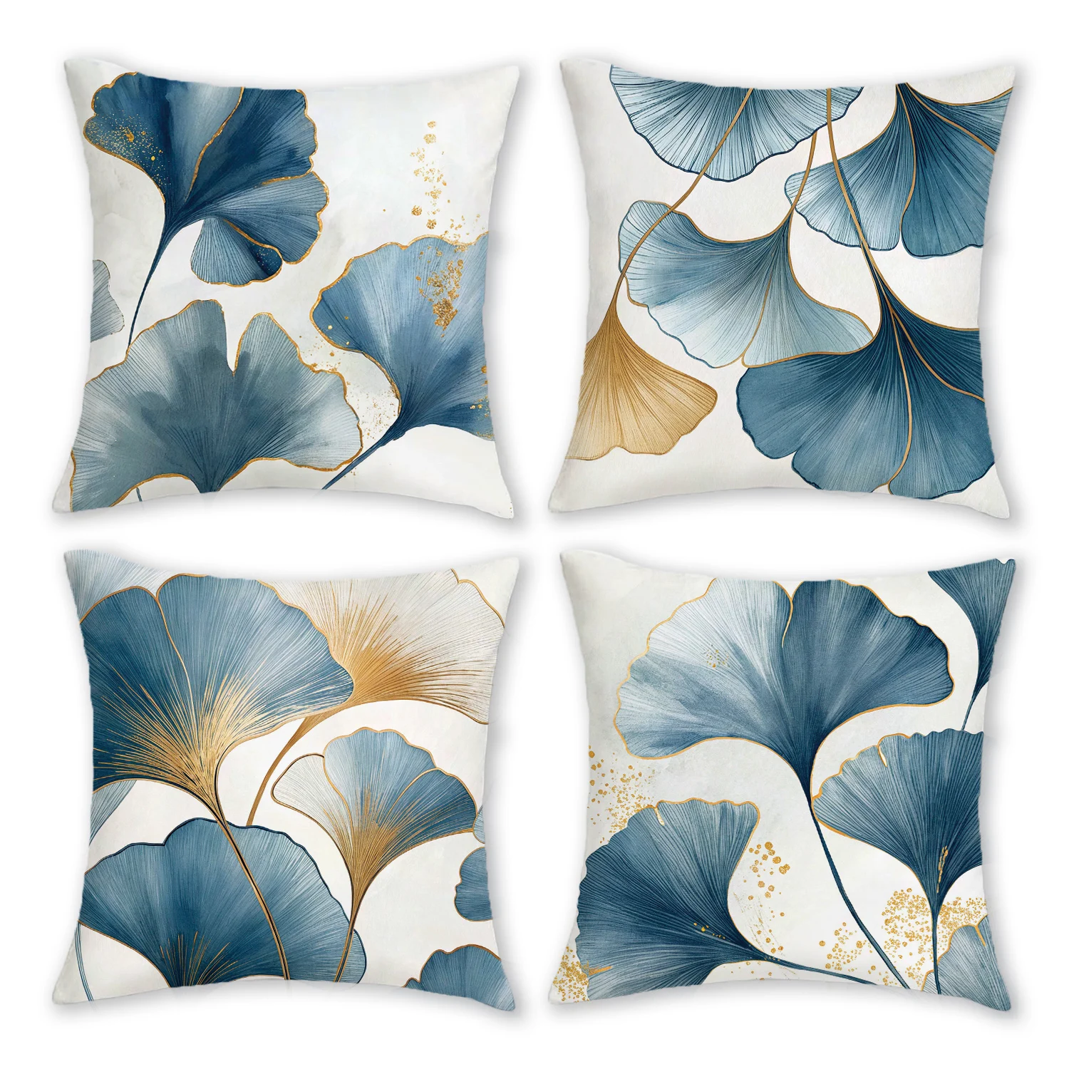 4 Fundas de Almohada Estilo Bohemio, 16, 18, 50.8 cm Diseño Moderno Abstracto de Hoja de Ginkgo, Cierre con Cremallera, Decoraci