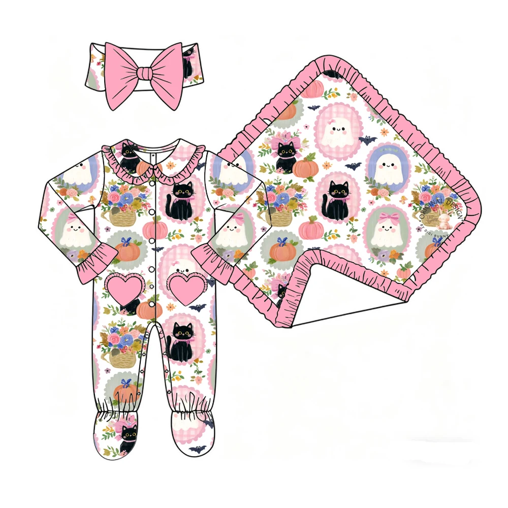 Boutique Girls' Blanket and Romper Lapel Ruffle Buttons Love Pocket and Binding Feet Halloween Series Print Customizable Pattern