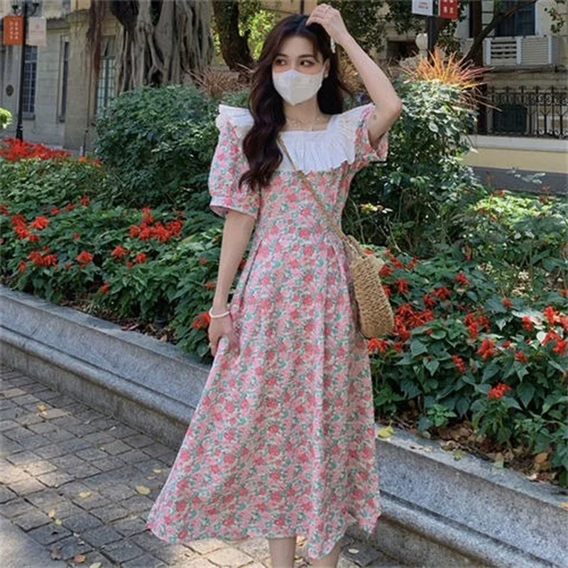 

Puff Sleeve Ruffled Dress Women's Dress Korean Fashion Clothes Vintage Floral Cottagecore Casual Midi Y2k Dress