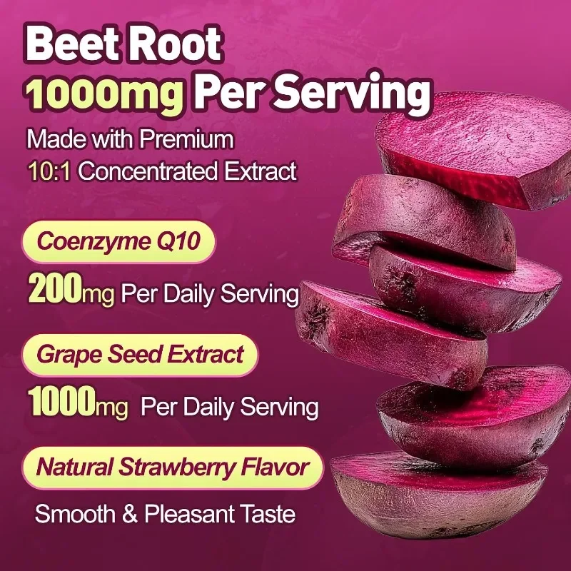 8-IN-1 Beet Root Gummies,With Grape Seed&CoQ10&Vitamin,Strawberry Flavor 60 Gummies